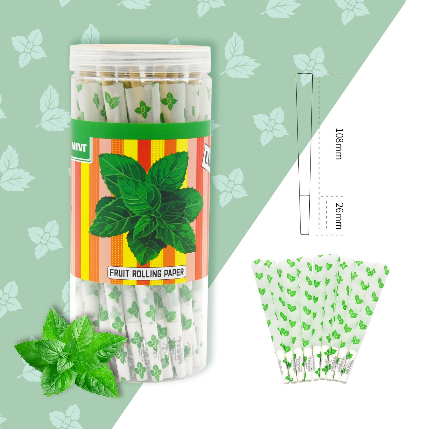 UASAL 48 Cone Mint Fruit Flavor Kingsize Cones Smoking Rolled 108MM Rolling Paper with Tips & Packing Tubes Included