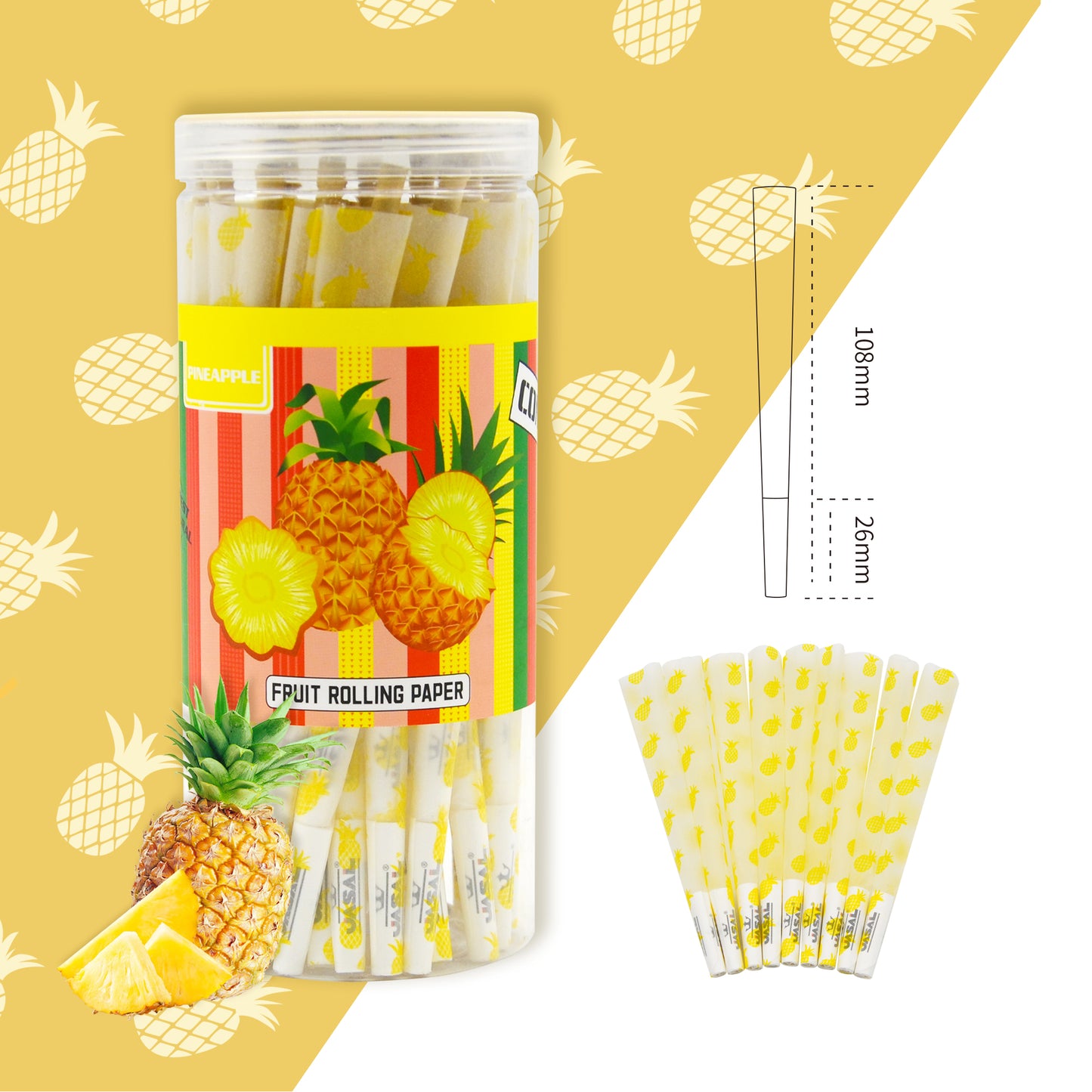 UASAL 48 Cone Pineapple Fruit Flavor Kingsize Cones Smoking Rolled 108MM Rolling Paper with Tips & Packing Tubes Included