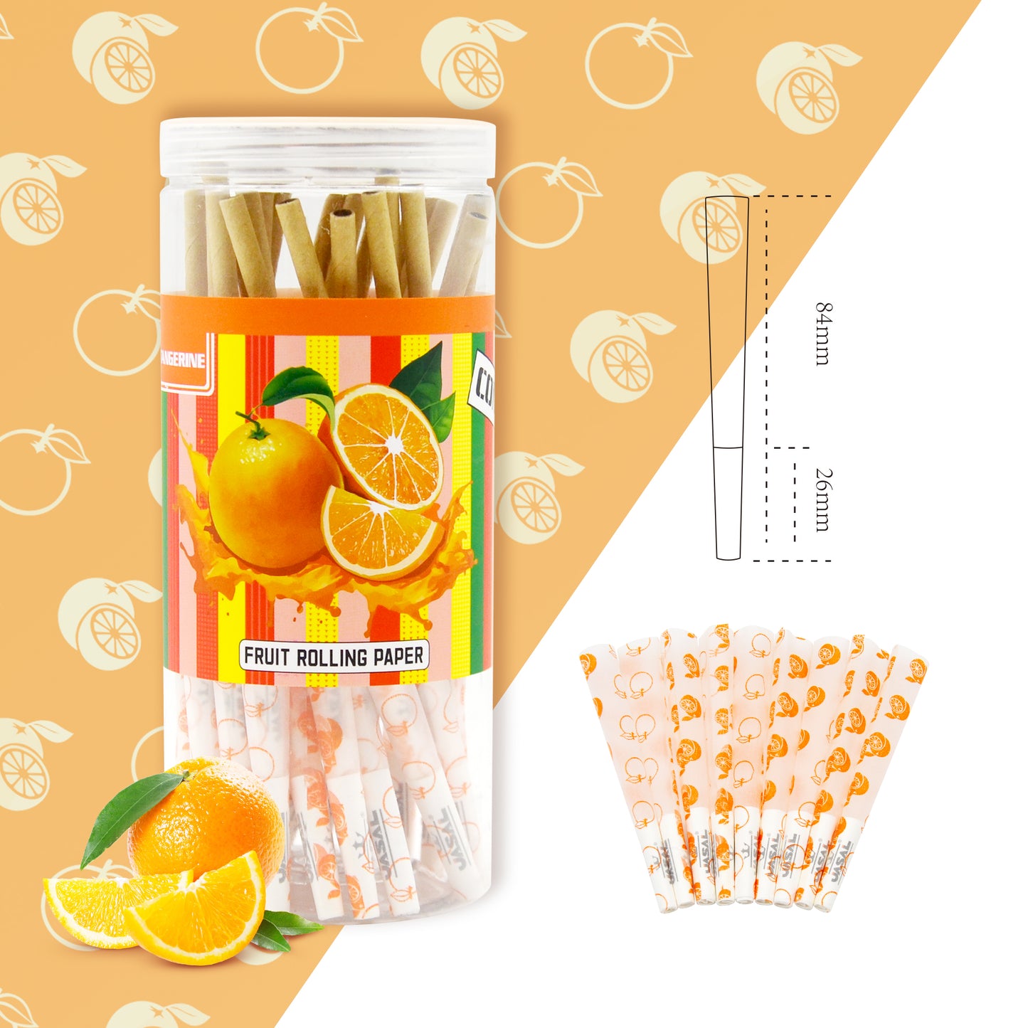 UASAL 48 Cone Tangerine Fruit Flavor 1¼ Cones Smoking Rolled 84MM Rolling Paper with Tips & Packing Tubes Included
