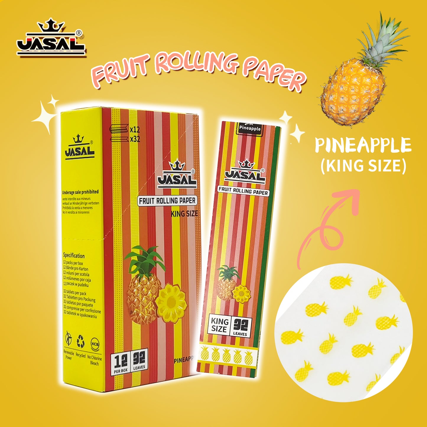 UASAL Fruit Flavor Kingsize Rolling Papers -12 Packs 108mm Rolling Papers (32 Leaves in Pack) 384 Total,Pineapple
