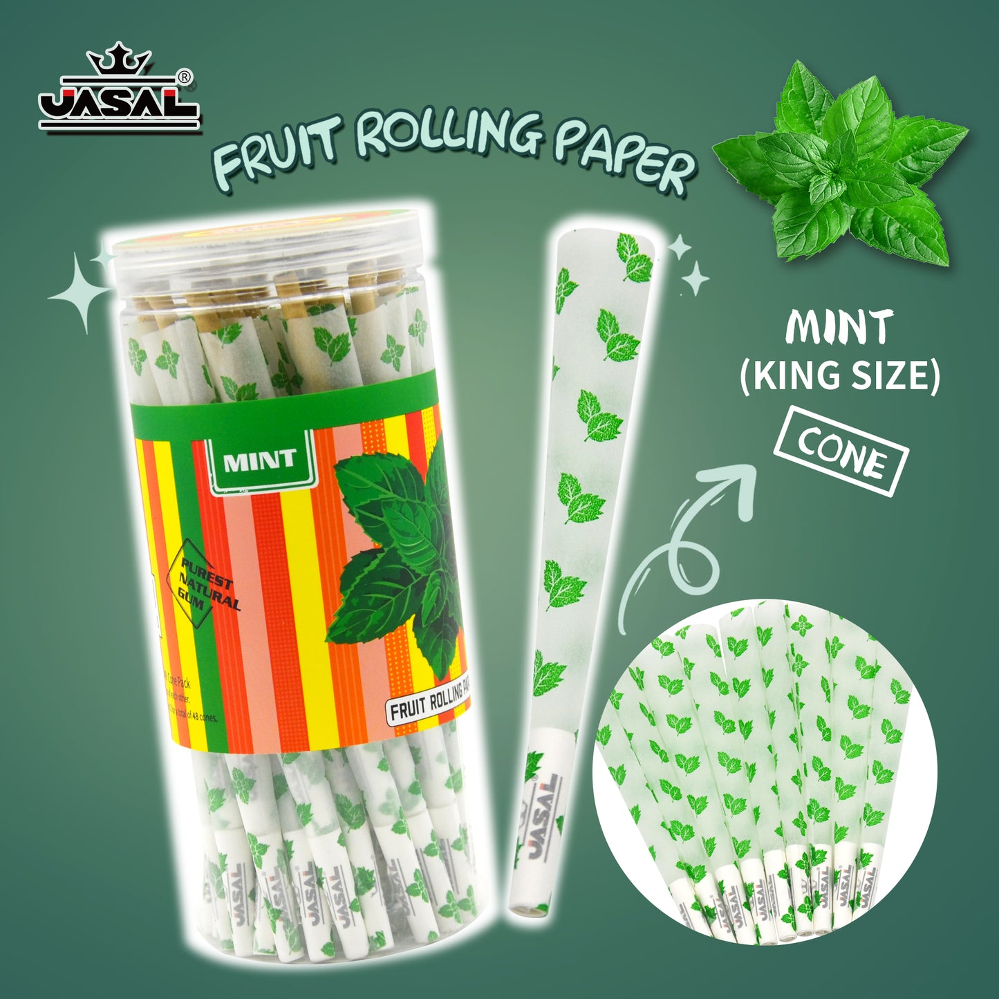 UASAL 48 Cone Mint Fruit Flavor Kingsize Cones Smoking Rolled 108MM Rolling Paper with Tips & Packing Tubes Included