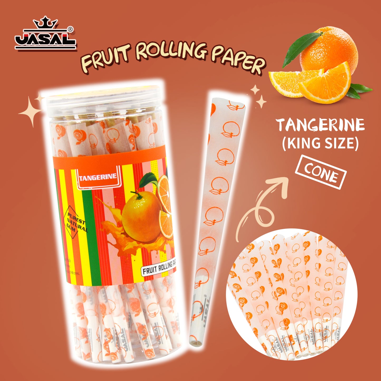 UASAL 48 Cone Tangerine Fruit Flavor Kingsize Cones Smoking Rolled 108MM Rolling Paper with Tips & Packing Tubes Included
