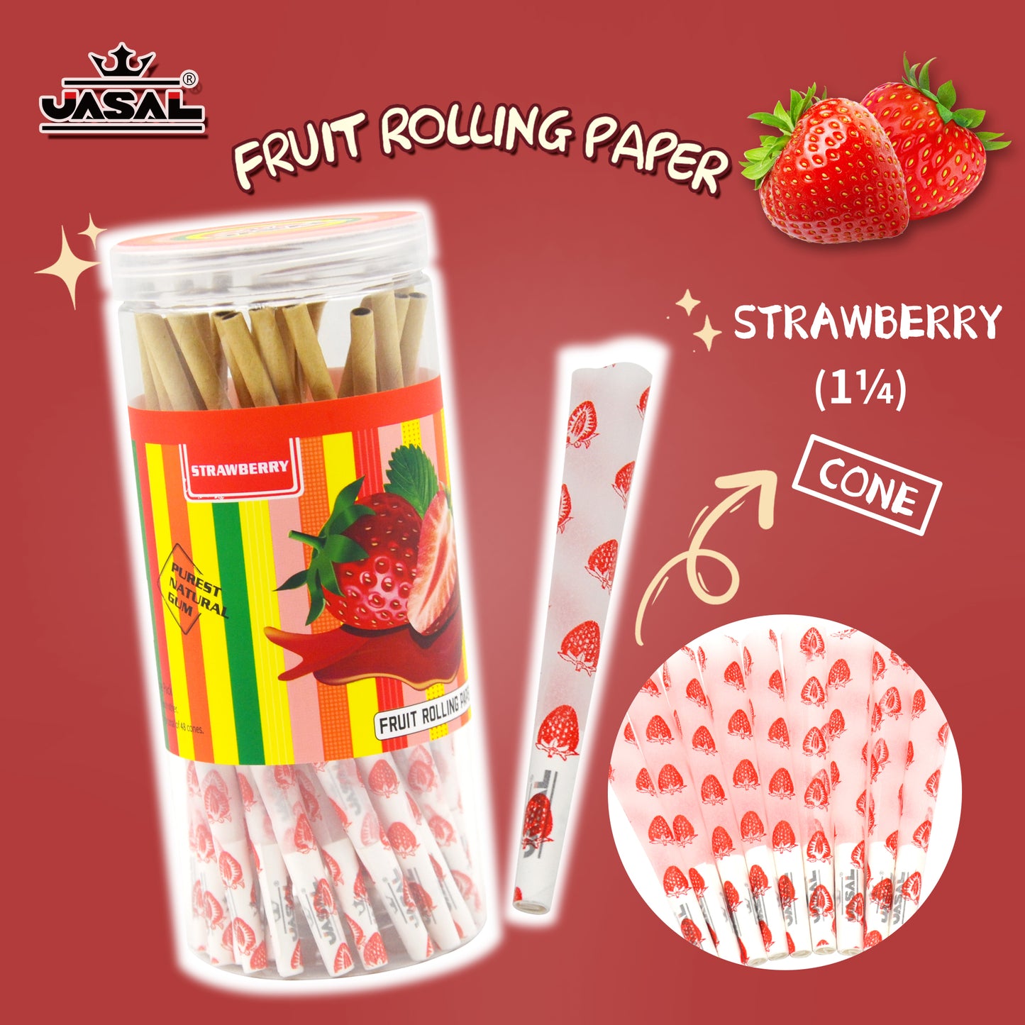 UASAL 48 Cone Strawberry Fruit Flavor 1¼ Cones Smoking Rolled 84MM Rolling Paper with Tips & Packing Tubes Included