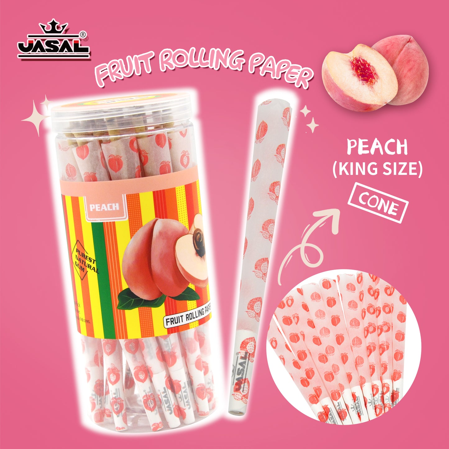 UASAL 48 Cone Peach Fruit Flavor Kingsize Cones Smoking Rolled 108MM Rolling Paper with Tips & Packing Tubes Included