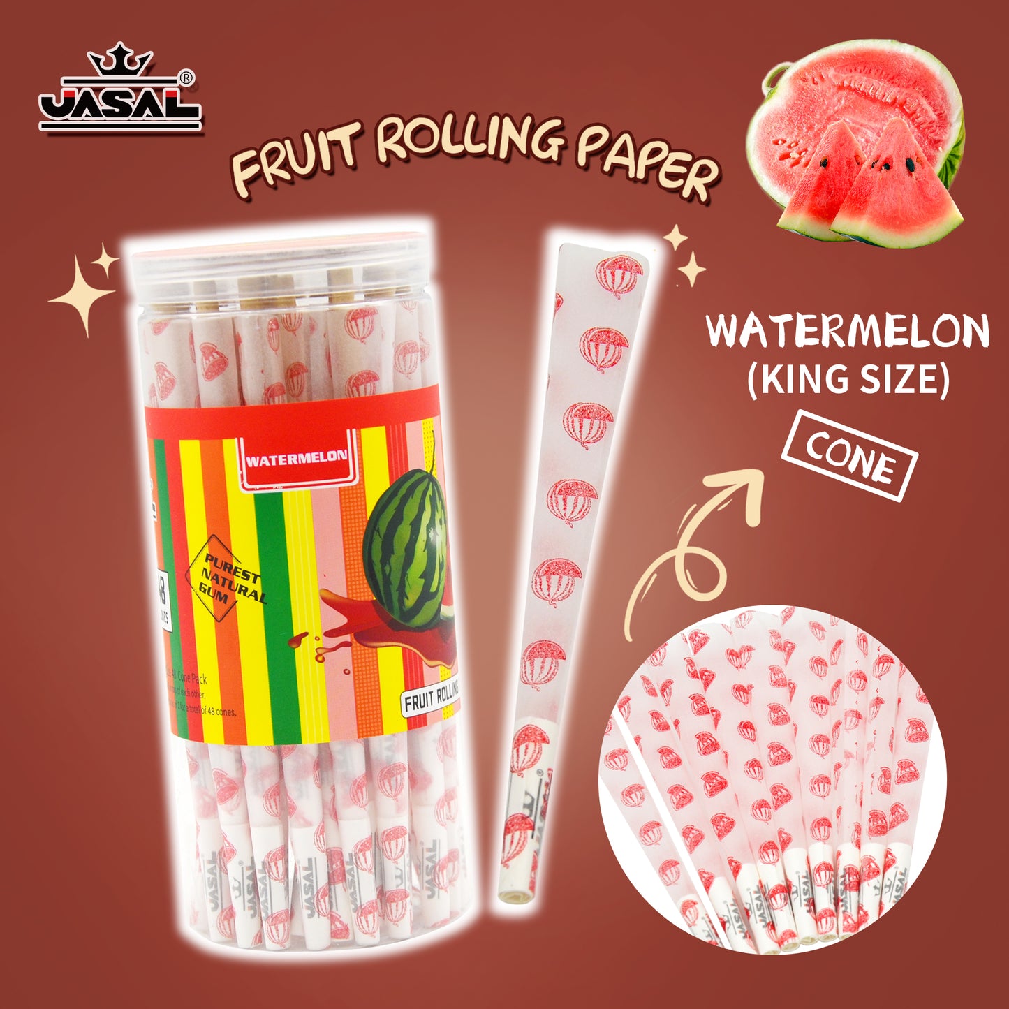 UASAL 48 Cone Watermelon Fruit Flavor Kingsize Cones Smoking Rolled 108MM Rolling Paper with Tips & Packing Tubes Included