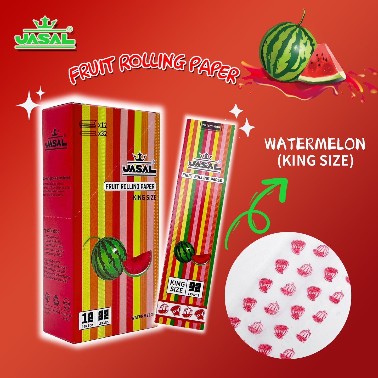 UASAL Fruit Flavor Kingsize Rolling Papers -12 Packs 108mm Rolling Papers (32 Leaves in Pack) 384 Total,Watermelon