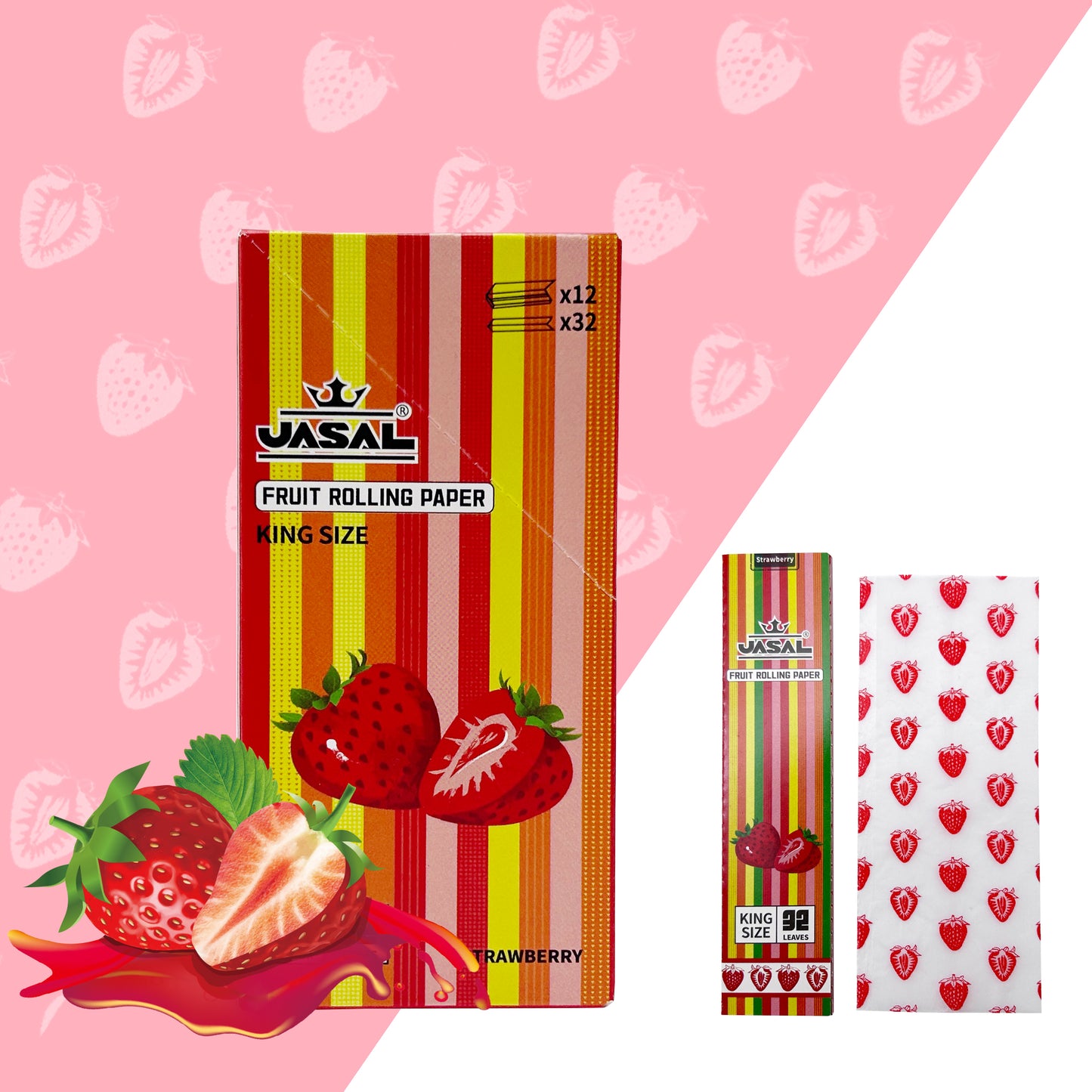 UASAL Fruit Flavor Kingsize Rolling Papers -12 Packs 108mm Rolling Papers (32 Leaves in Pack) 384 Total，Strawberry