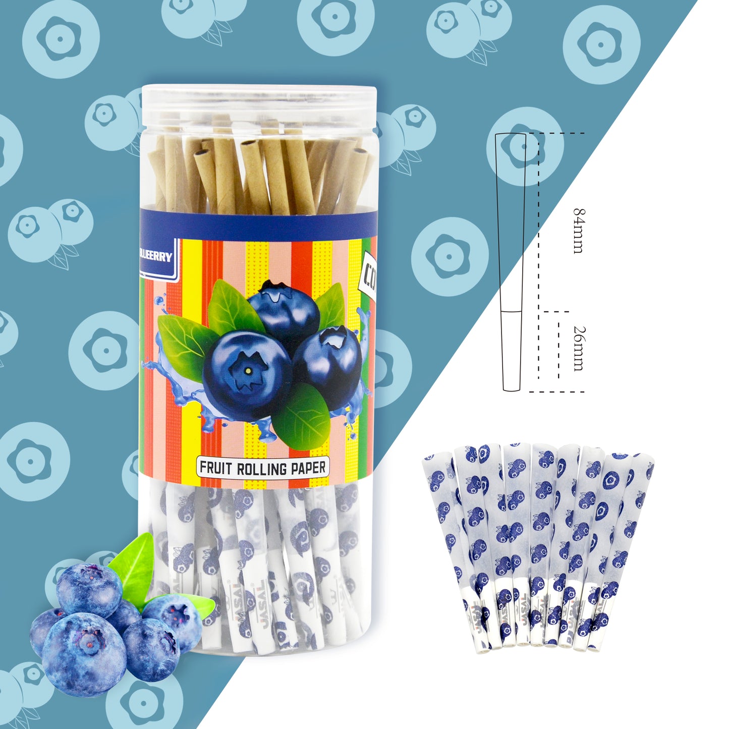 UASAL 48 Cone Blueberry Fruit Flavor 1¼ Cones Smoking Rolled 84MM Rolling Paper with Tips & Packing Tubes Included