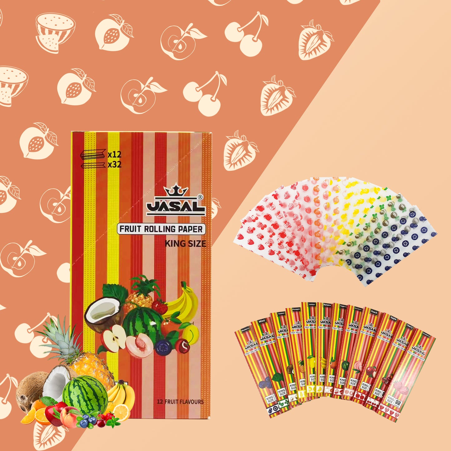 UASAL Fruit Flavor Kingsize Rolling Papers -12 Packs 108mm Rolling Papers (32 Leaves in Pack) 384 Total,Twelve Flavors