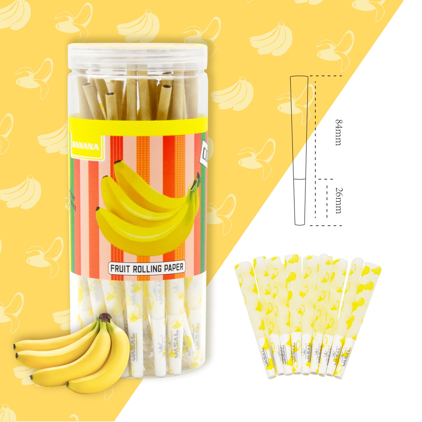 UASAL 48 Cone Banana Fruit Flavor 1¼ Cones Smoking Rolled 84MM Rolling Paper with Tips & Packing Tubes Included