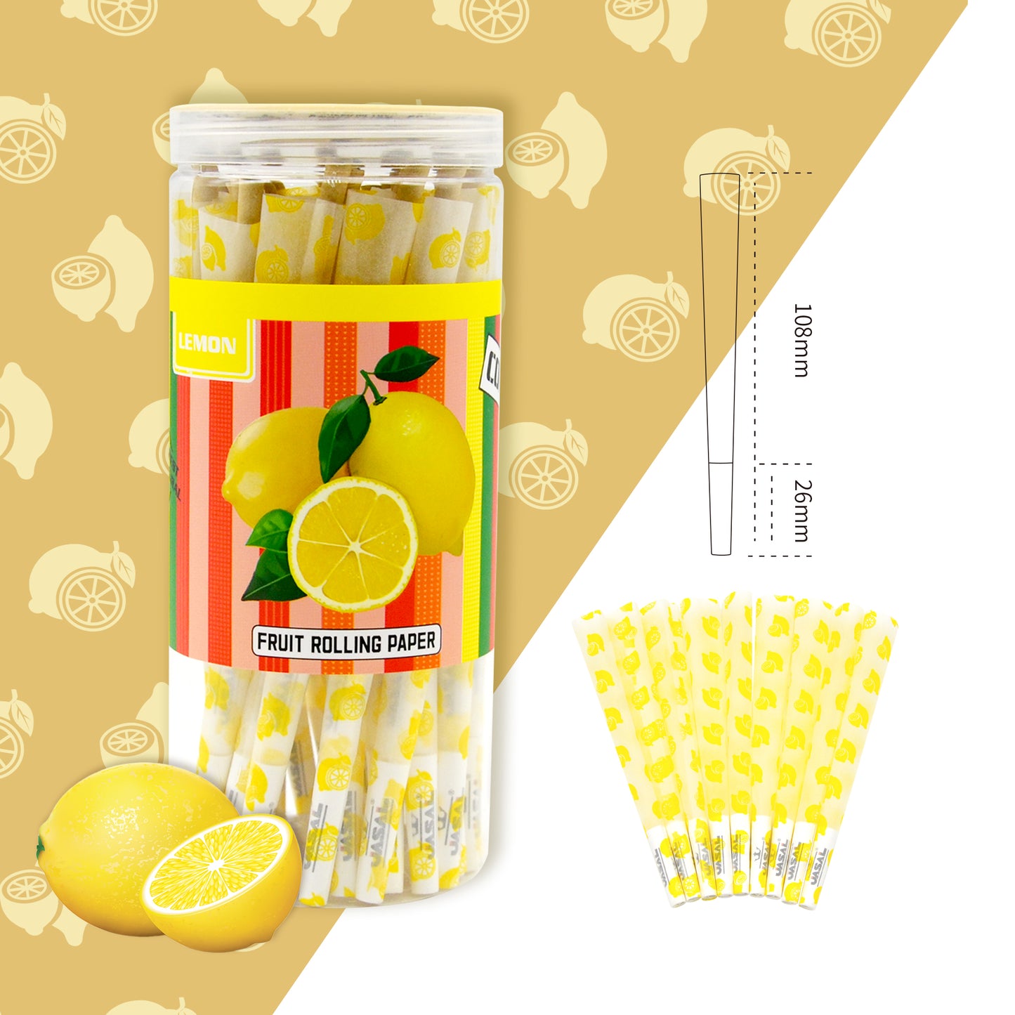 UASAL 48 Cone Lemon Fruit Flavor Kingsize Cones Smoking Rolled 108MM Rolling Paper with Tips & Packing Tubes Included