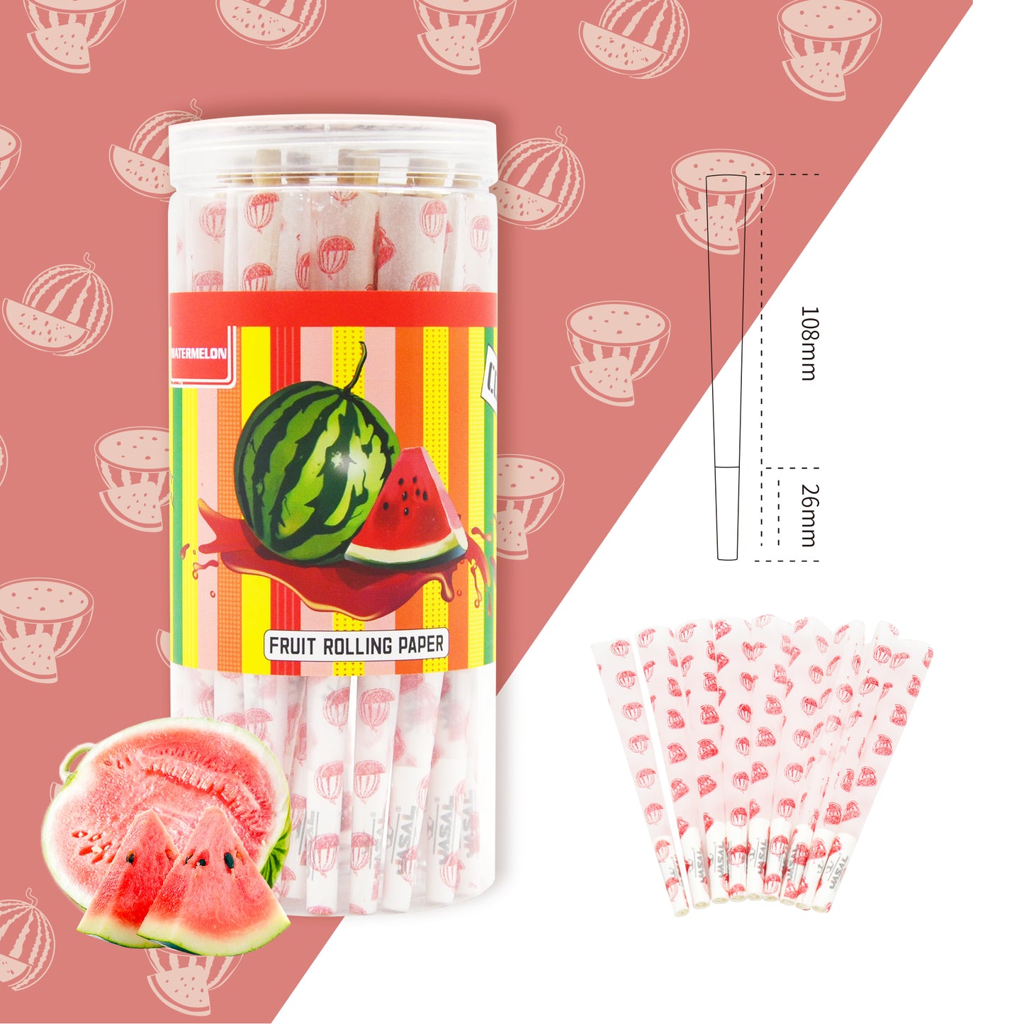 UASAL 48 Cone Watermelon Fruit Flavor Kingsize Cones Smoking Rolled 108MM Rolling Paper with Tips & Packing Tubes Included