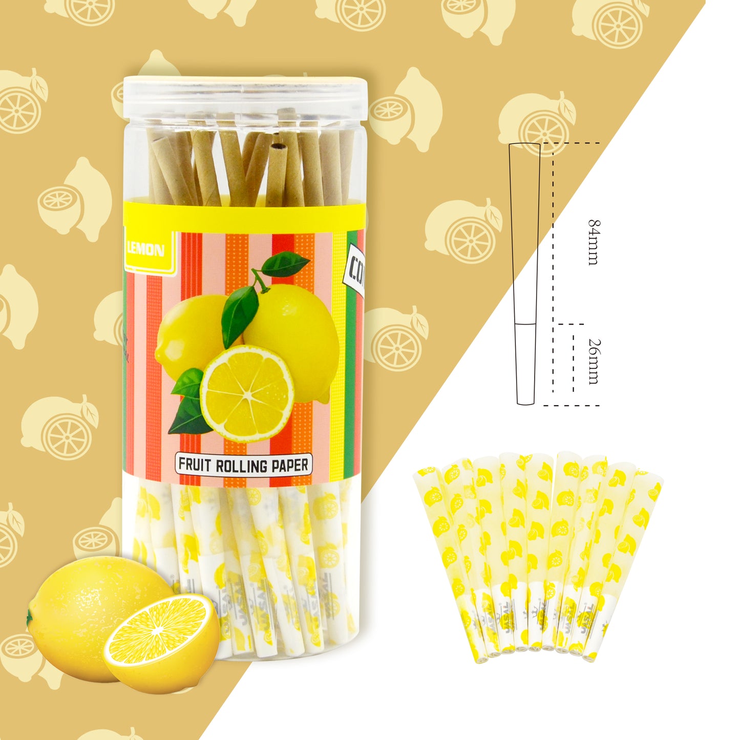 UASAL 48 Cone Lemon Fruit Flavor 1¼ Cones Smoking Rolled 84MM Rolling Paper with Tips & Packing Tubes Included