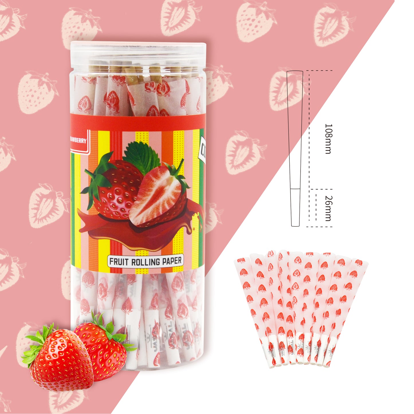 UASAL 48 Cone Strawberry Fruit Flavor Kingsize Cones Smoking Rolled 108MM Rolling Paper with Tips & Packing Tubes Included