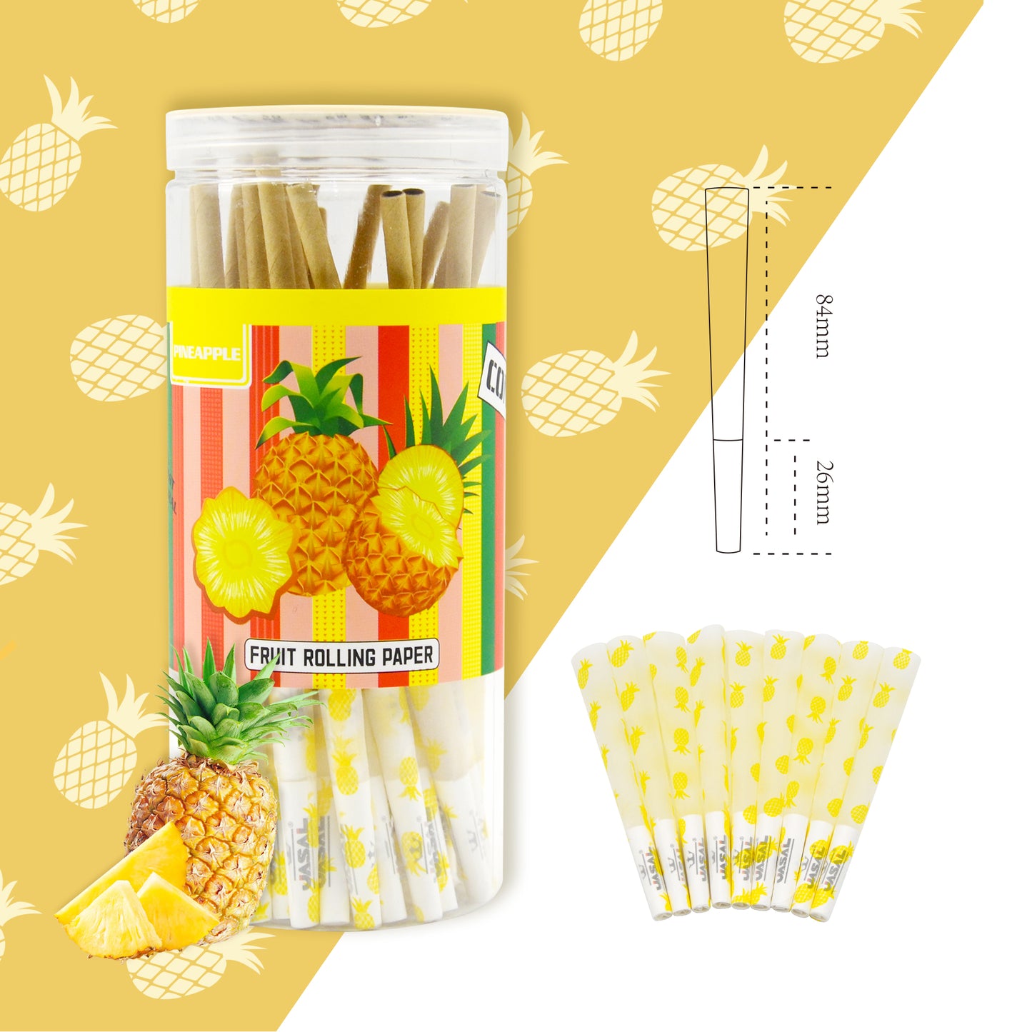 UASAL 48 Cone Pineapple Fruit Flavor 1¼ Cones Smoking Rolled 84MM Rolling Paper with Tips & Packing Tubes Included