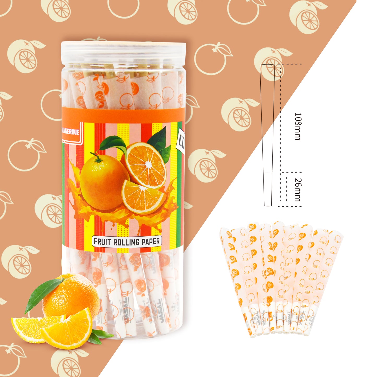 UASAL 48 Cone Tangerine Fruit Flavor Kingsize Cones Smoking Rolled 108MM Rolling Paper with Tips & Packing Tubes Included