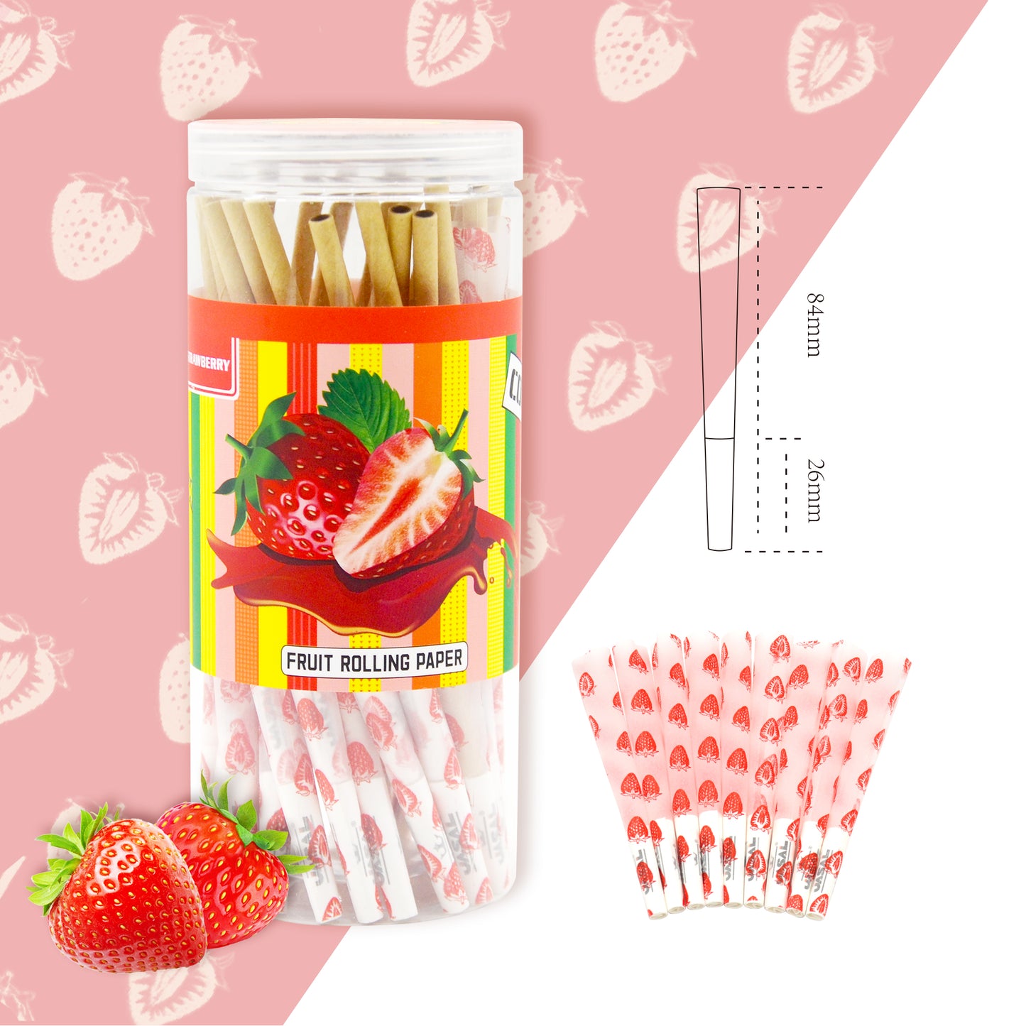 UASAL 48 Cone Strawberry Fruit Flavor 1¼ Cones Smoking Rolled 84MM Rolling Paper with Tips & Packing Tubes Included